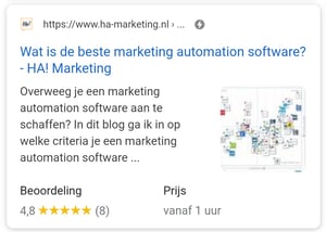 Deze mobiele rich snippet van HA! Marketing toont een afbeelding in Google zoekresultaten