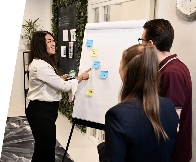 Een groep marketeers houdt een brainstormsessie met een whiteboard en post-its over het segmenteren van hun e-mail marketing lijst